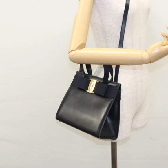 Salvatore Ferragamo Vala Hand Bag Leather 2way Navy Gold Auth